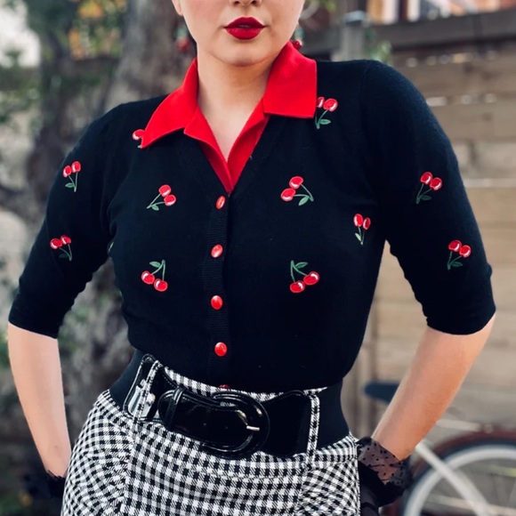 Belle Pogue Retro Embroidered Cherry Cropped V-Neck Cardigan Women's XL BLACK - Picture 13 of 16